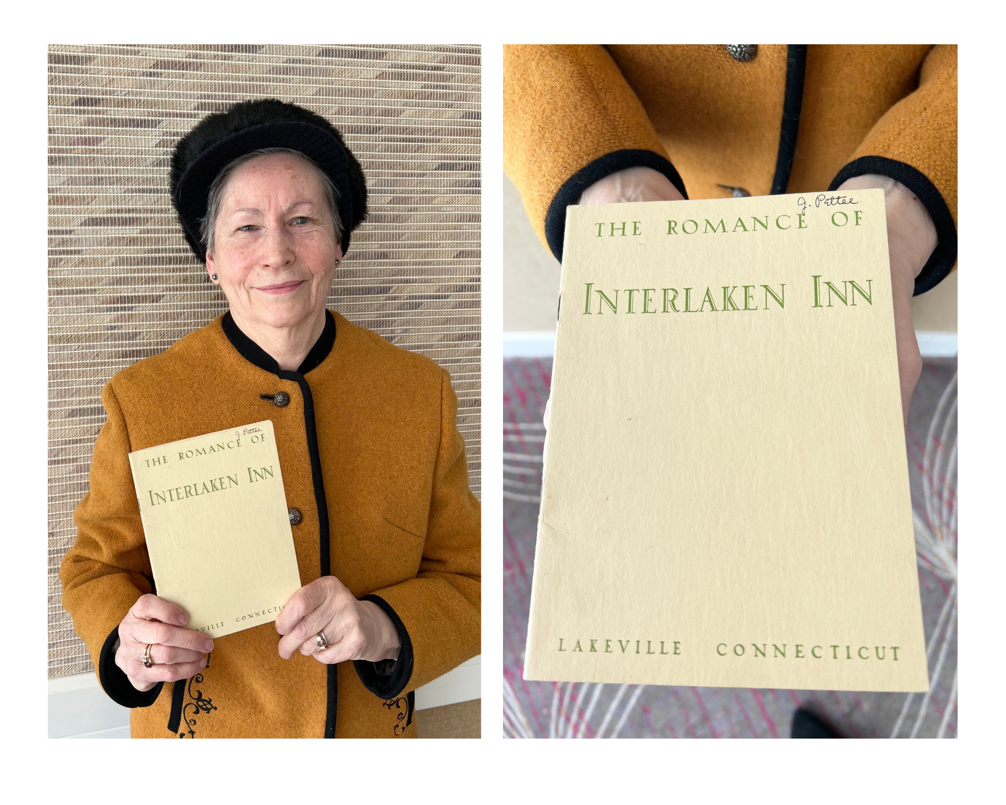 older woman in yellow coat holding a book about the Interlaken Inn